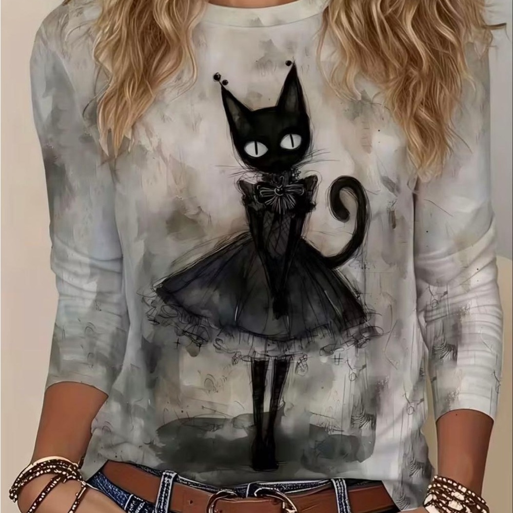 Goth Black Cat Graphic Long Sleeve Tshirt - Picture 3 of 6
